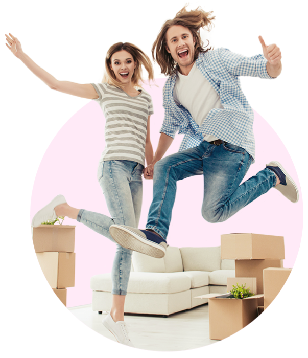 excited couple packing up their house to move